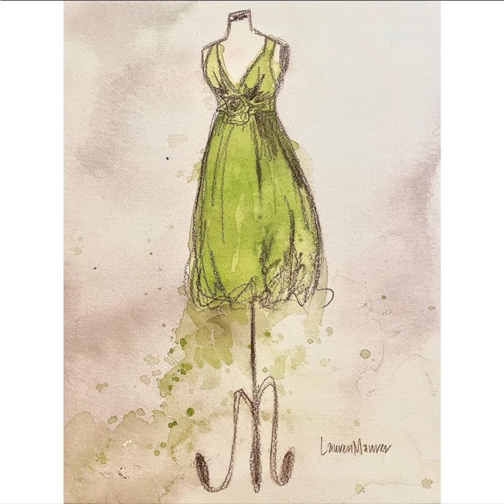 Lauren Maurer Green Dress Watercolor & Charcoal Painting